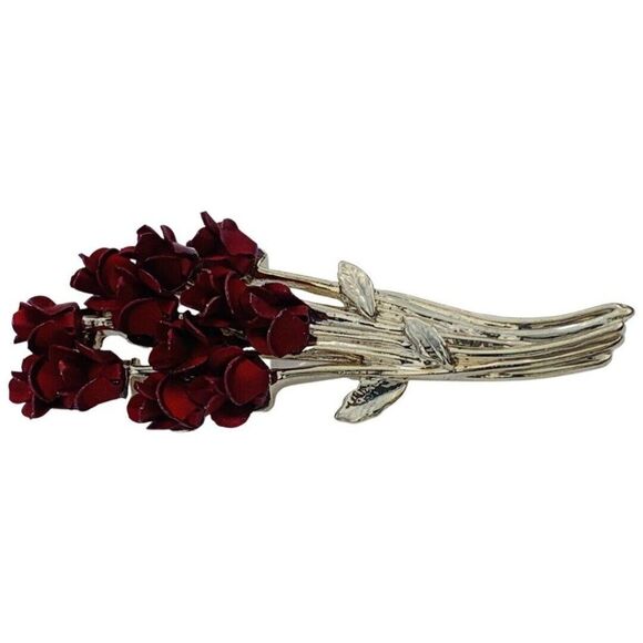 Vintage AVON Dozen Of Red Roses Bouquet Yellow Gold Tone Polished Brooch DM97 - Picture 2 of 6
